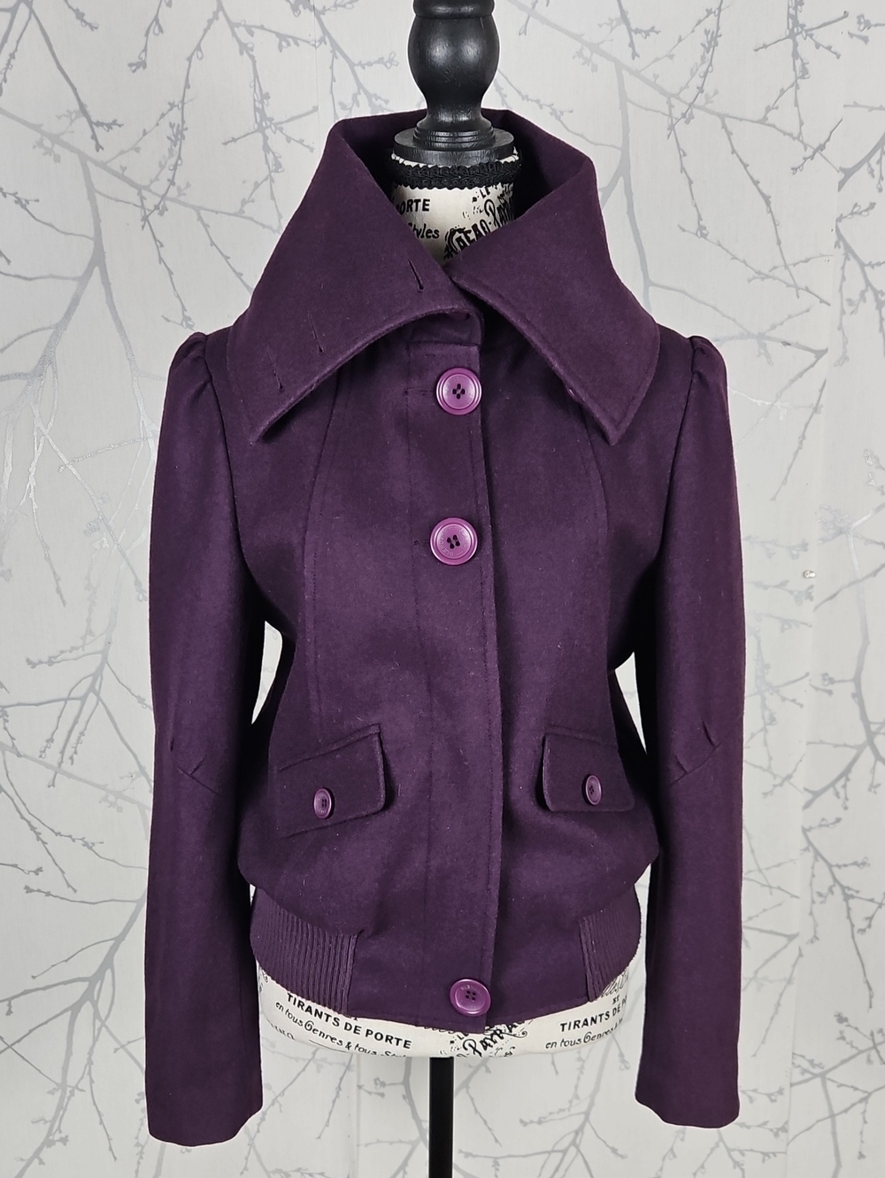 Blendshe Purple Wool Dramatic Collar Button Up Bomber Jacket